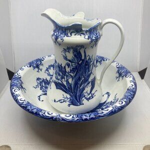 Antique 1900 ALBERTA colonial pottery stone England pitcher bowl flow blue set